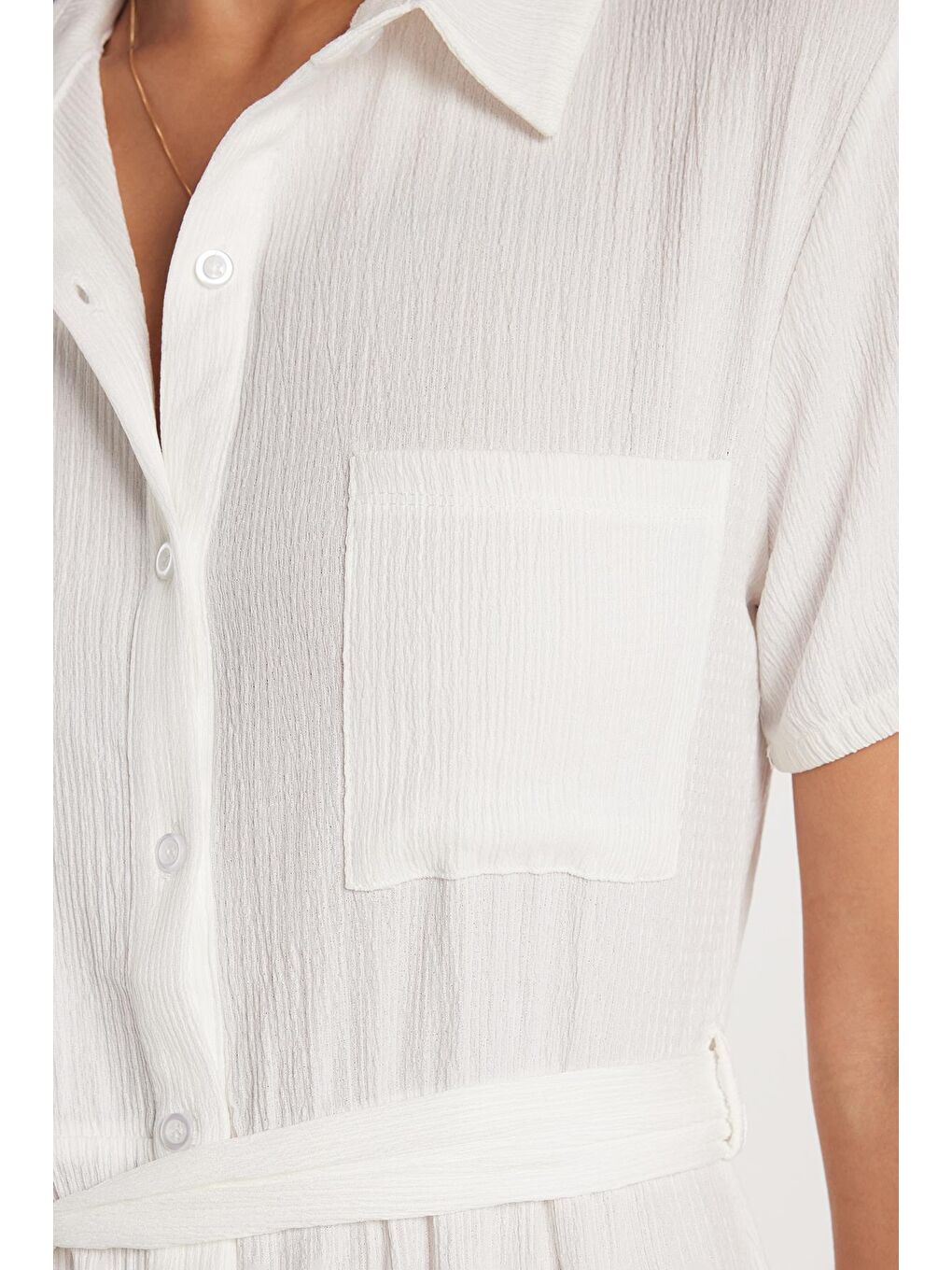 Ekru Kadın Regular Fit Uzun Kollu Klasik Yaka Düğmeli Beyaz Elbise-2