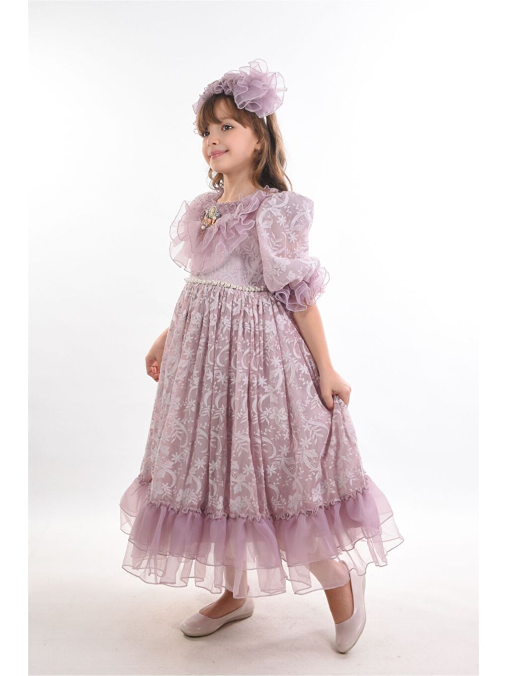 Lila Özel Tasarım Kız Çocuk Abiye Elbise ,Taç Aksesuarlı, Yaka Detaylı Uzun Kız Çocuk Elbisesi-1