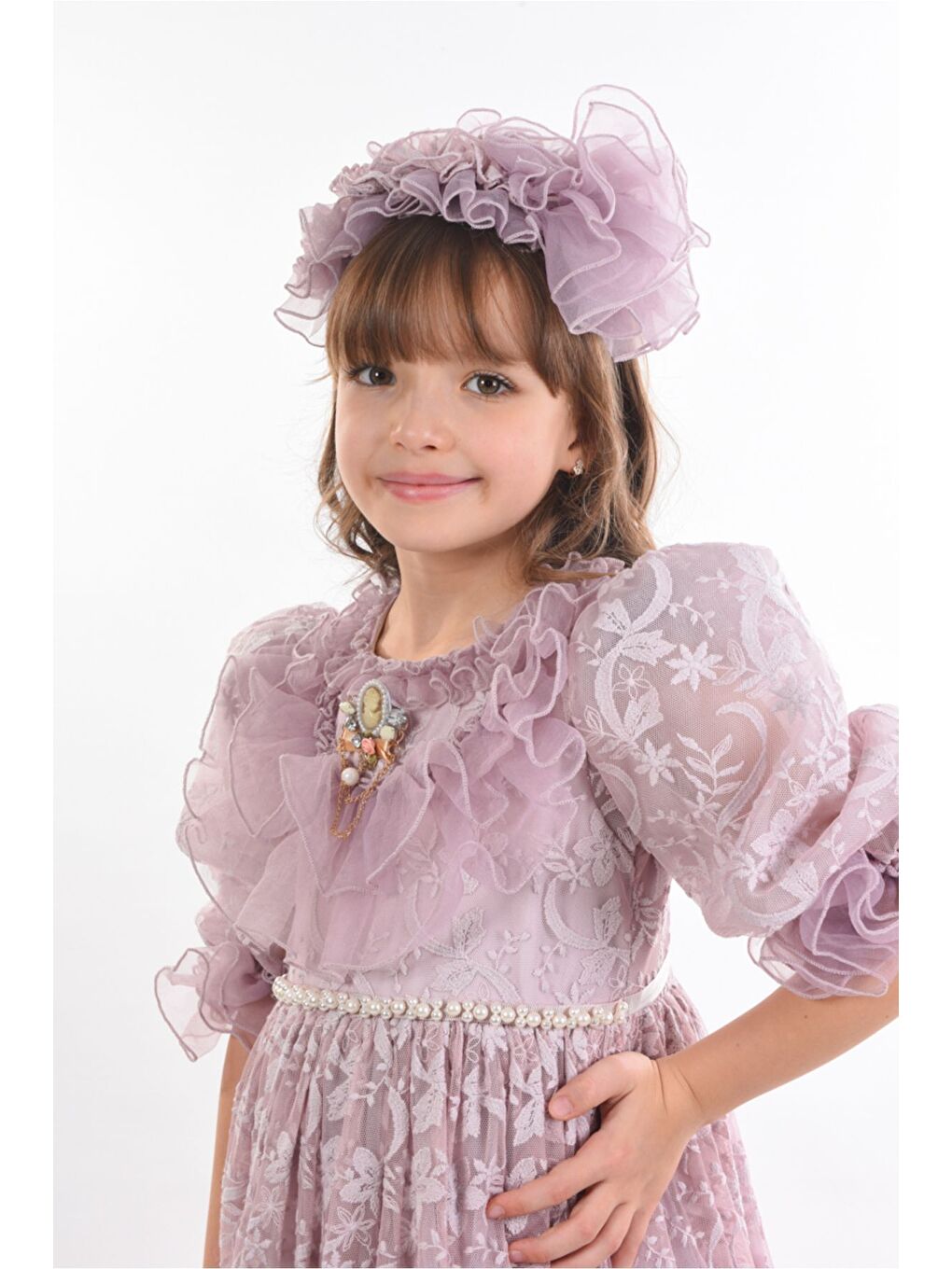 Lila Özel Tasarım Kız Çocuk Abiye Elbise ,Taç Aksesuarlı, Yaka Detaylı Uzun Kız Çocuk Elbisesi-2
