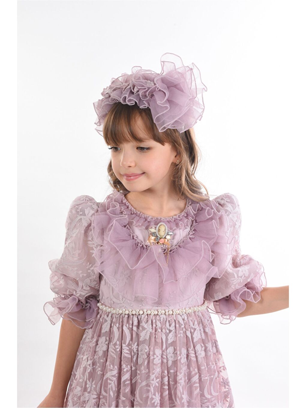 Lila Özel Tasarım Kız Çocuk Abiye Elbise ,Taç Aksesuarlı, Yaka Detaylı Uzun Kız Çocuk Elbisesi-3