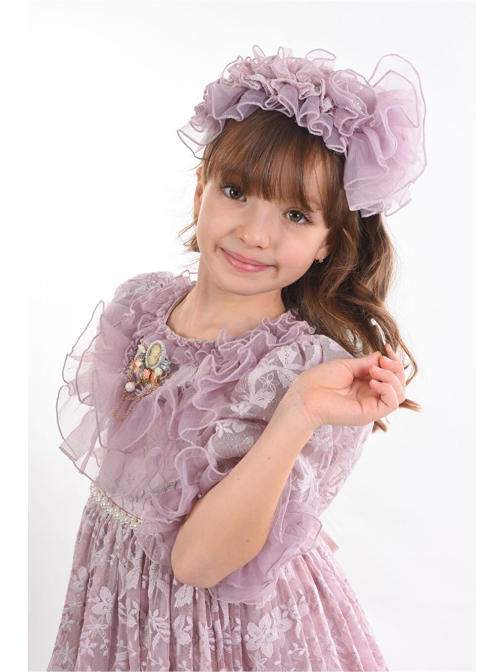 Lila Özel Tasarım Kız Çocuk Abiye Elbise ,Taç Aksesuarlı, Yaka Detaylı Uzun Kız Çocuk Elbisesi-4