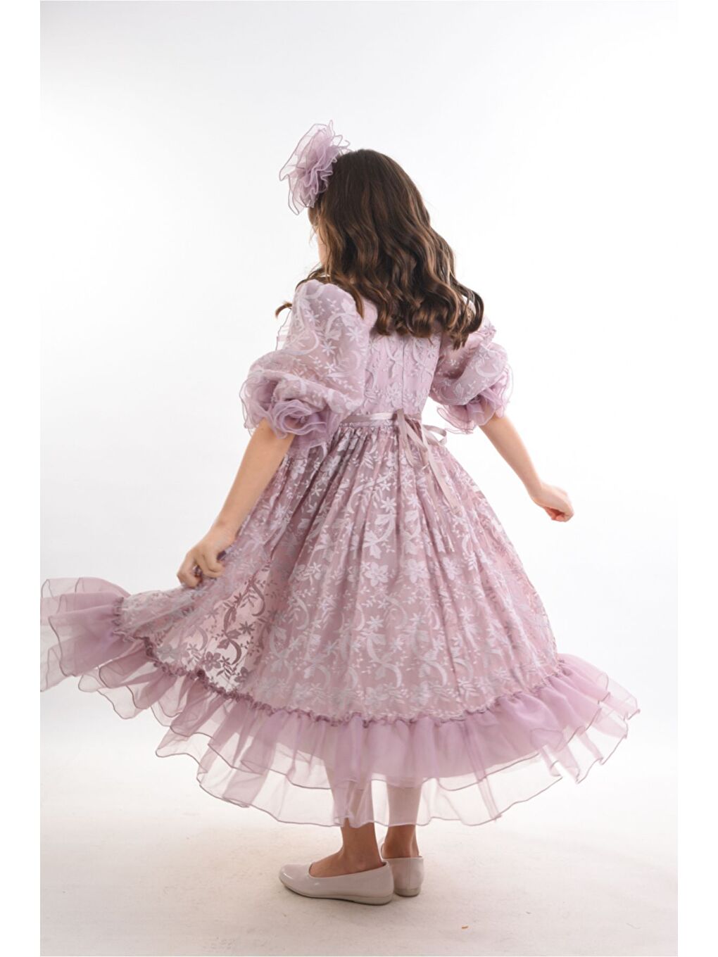 Lila Özel Tasarım Kız Çocuk Abiye Elbise ,Taç Aksesuarlı, Yaka Detaylı Uzun Kız Çocuk Elbisesi-5
