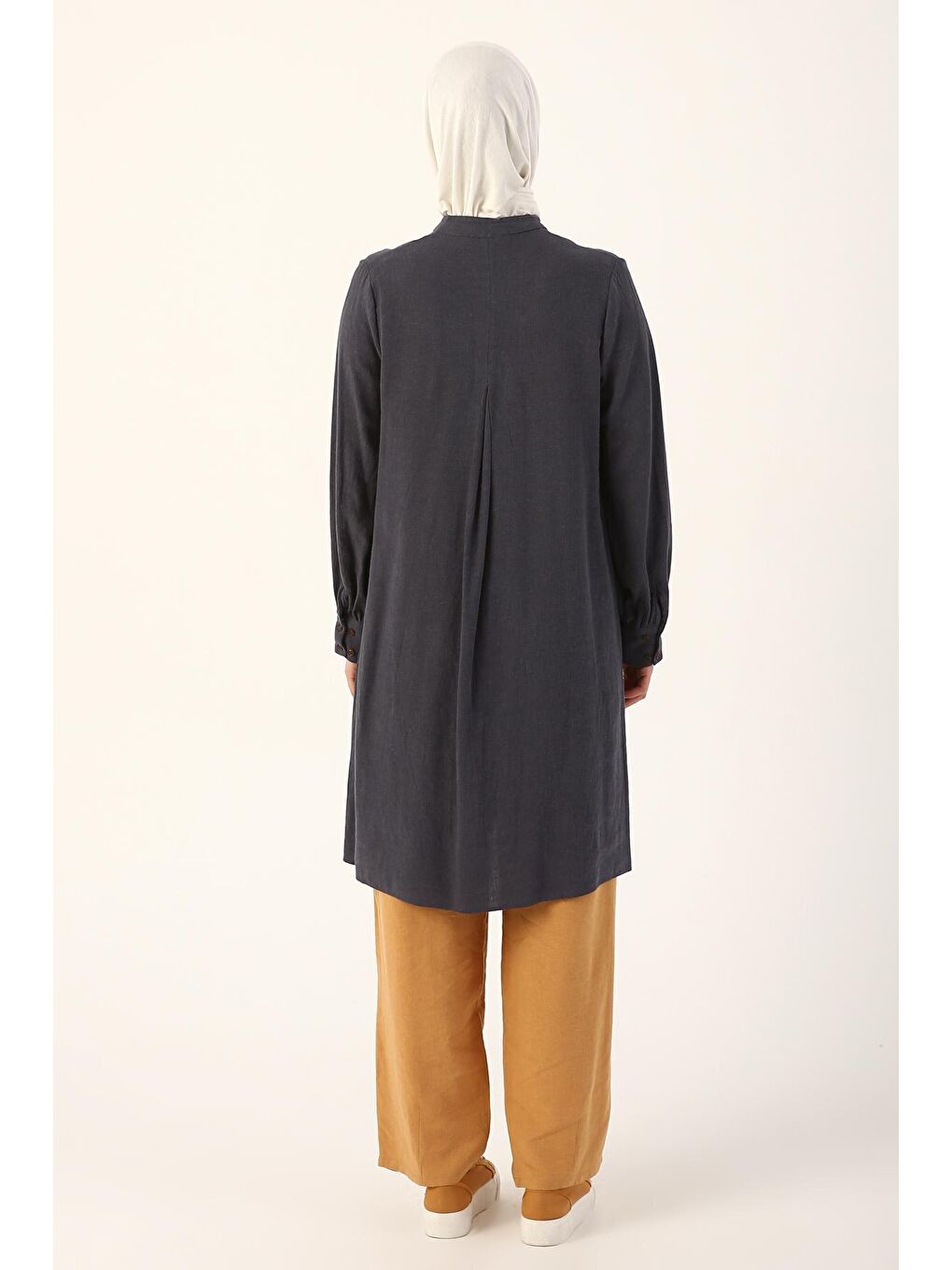 İndigo Hakim Yaka Çift Düğmeli Keten Tunik-3