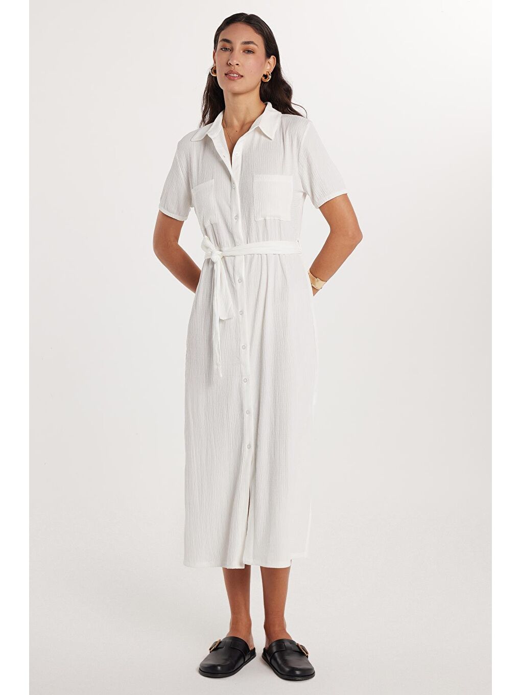 Ekru Kadın Regular Fit Uzun Kollu Klasik Yaka Düğmeli Beyaz Elbise-3