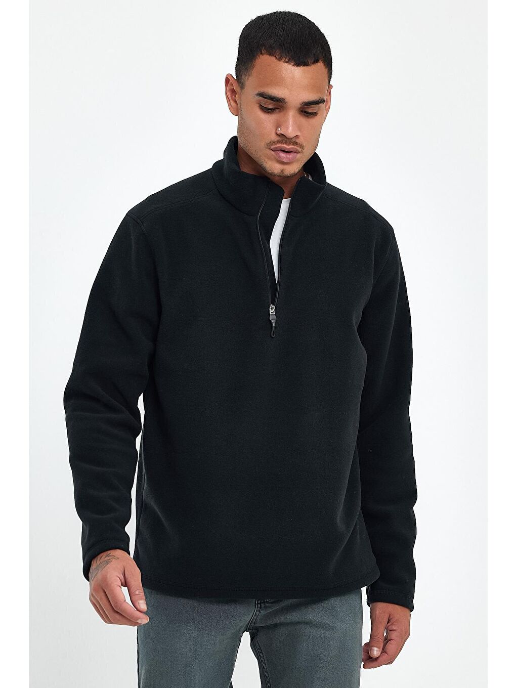 Siyah Erkek Rahat Kalıp Softech Polar Yarım Fermuarlı Sweatshırt spr24pw20-1