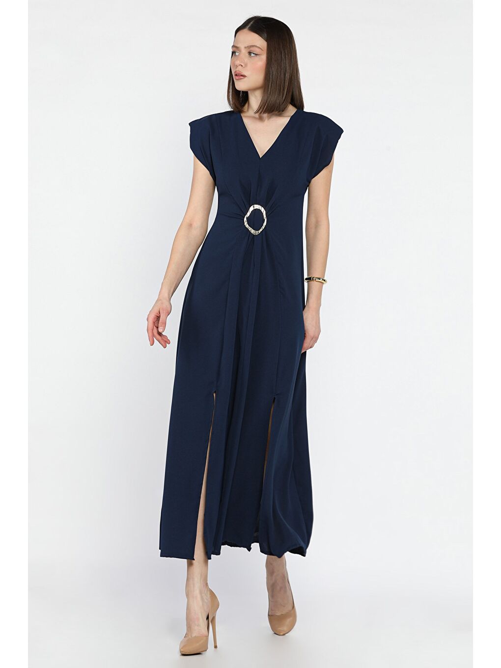 Lacivert V Yaka Vatkalı Toka Detaylı Kadın Elbise-1