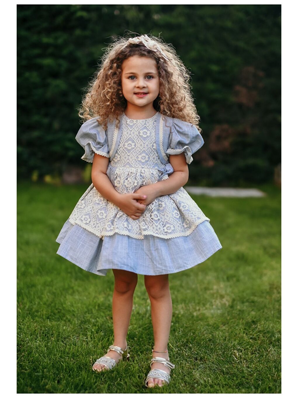 Ekru Mavi Dantel Detaylı Kız Çocuk Elbise, Arkası Fiyonklu Kız Çocuk Elbise, Keten Vintage Elbise