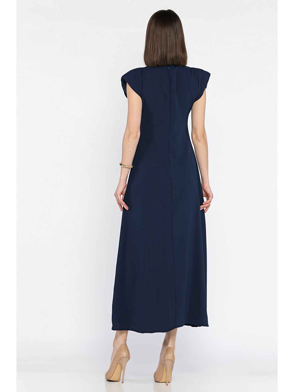 Lacivert V Yaka Vatkalı Toka Detaylı Kadın Elbise-2