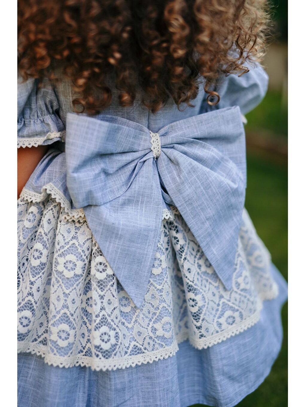Ekru Mavi Dantel Detaylı Kız Çocuk Elbise, Arkası Fiyonklu Kız Çocuk Elbise, Keten Vintage Elbise-2