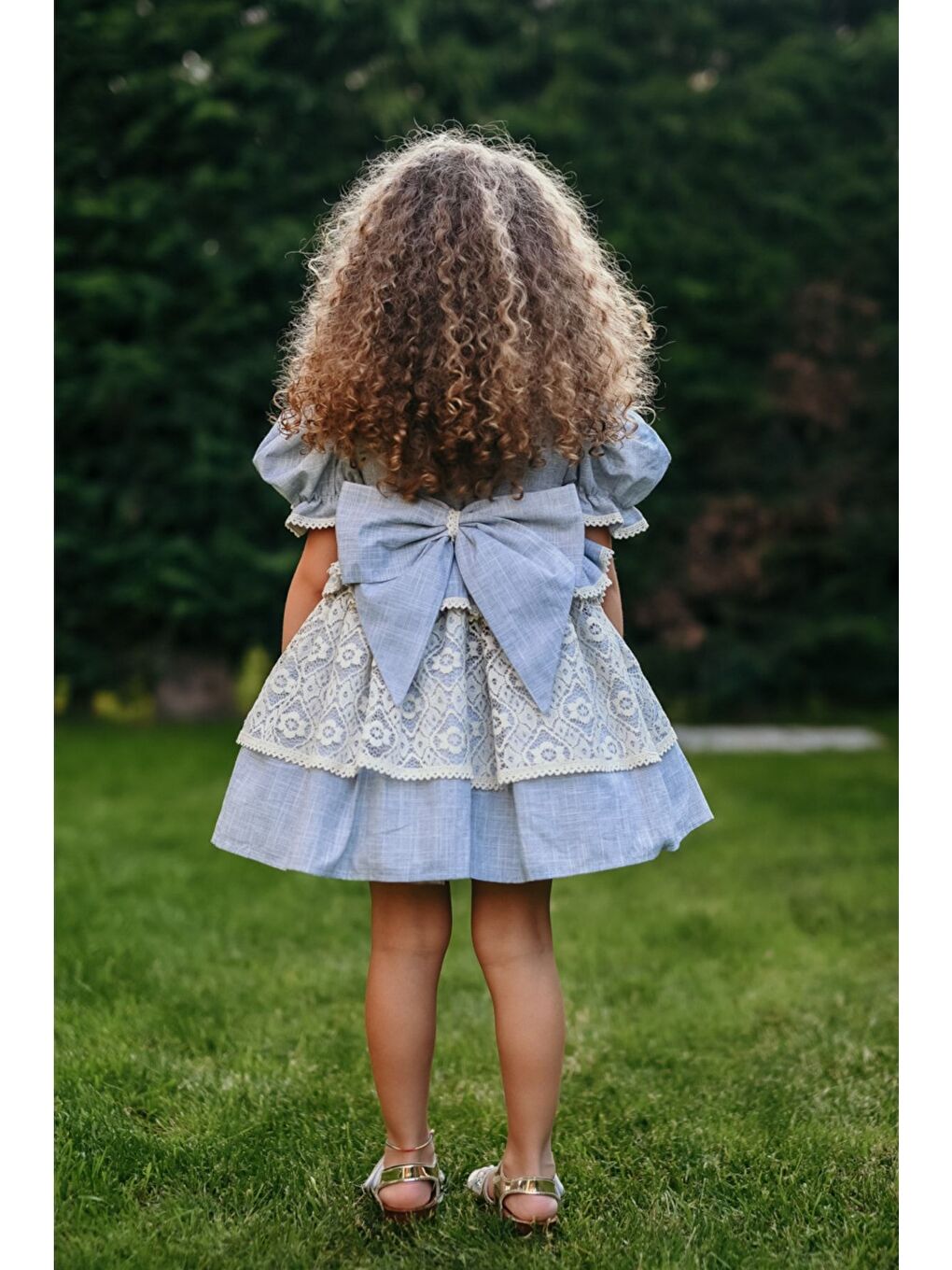 Ekru Mavi Dantel Detaylı Kız Çocuk Elbise, Arkası Fiyonklu Kız Çocuk Elbise, Keten Vintage Elbise-3