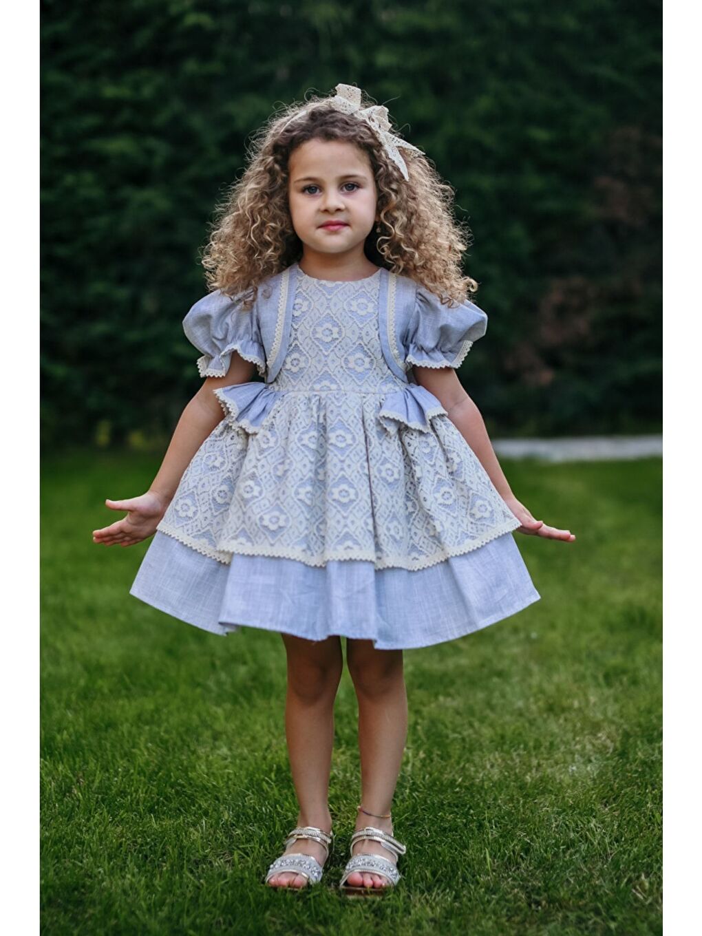 Ekru Mavi Dantel Detaylı Kız Çocuk Elbise, Arkası Fiyonklu Kız Çocuk Elbise, Keten Vintage Elbise-4