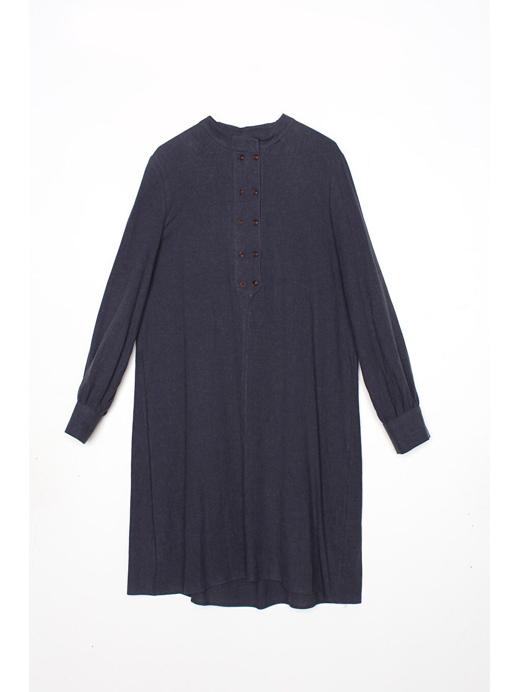 İndigo Hakim Yaka Çift Düğmeli Keten Tunik-4