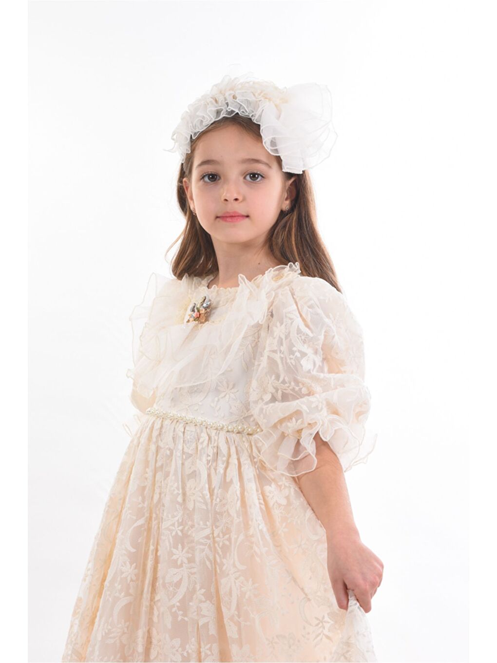 Ekru Özel Tasarım Kız Çocuk Abiye Elbise ,Taç Aksesuarlı, Yaka Detaylı Uzun Kız Çocuk Elbisesi-4