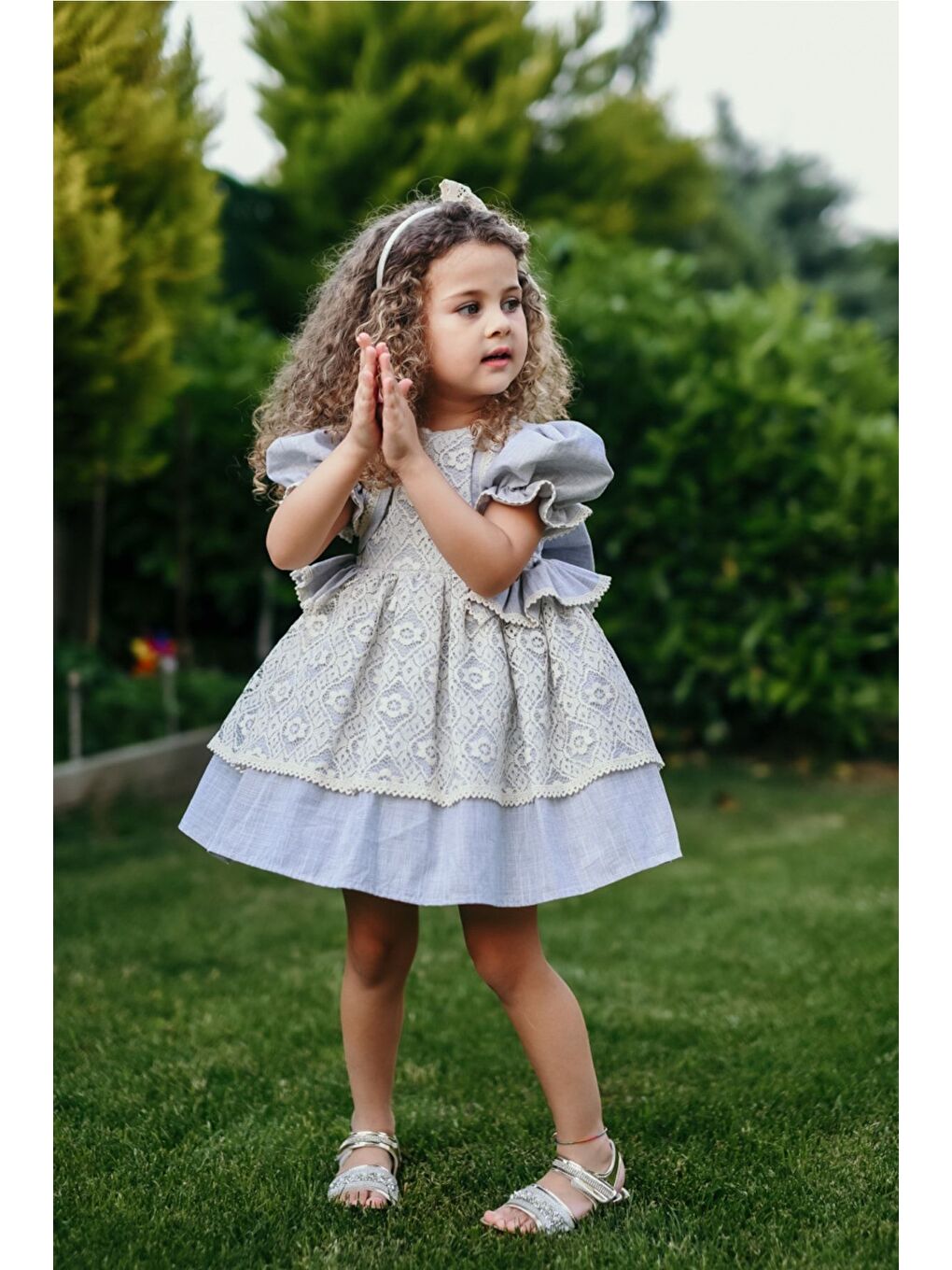 Ekru Mavi Dantel Detaylı Kız Çocuk Elbise, Arkası Fiyonklu Kız Çocuk Elbise, Keten Vintage Elbise-5