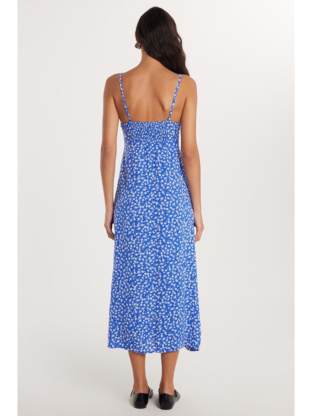 Karışık Kadın Slim Fit Dar Kesim İnce Askılı V Yaka Baskılı Viskon Mavi Elbise-4