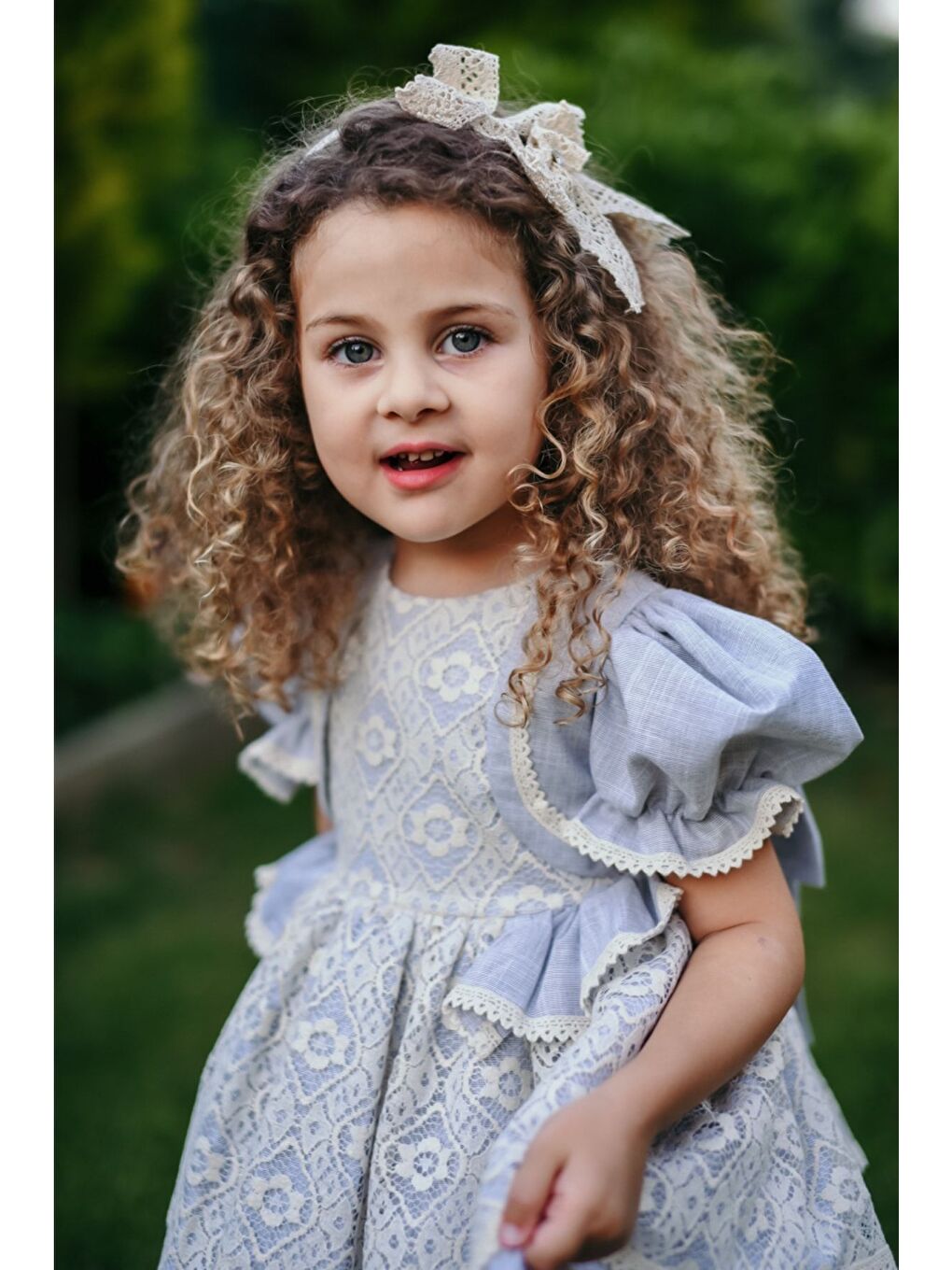 Ekru Mavi Dantel Detaylı Kız Çocuk Elbise, Arkası Fiyonklu Kız Çocuk Elbise, Keten Vintage Elbise-6