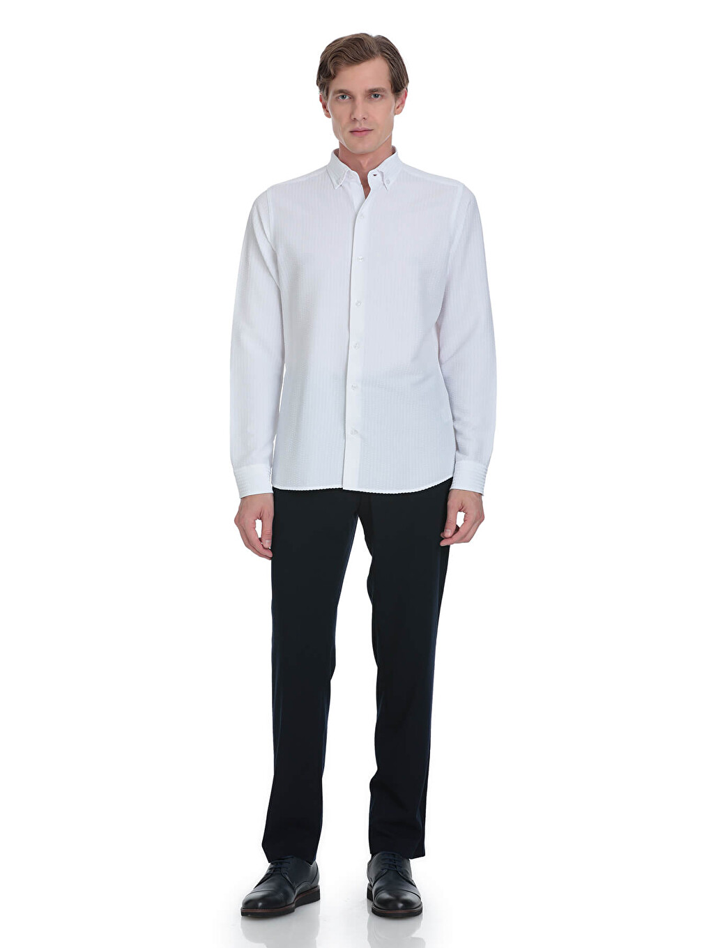 Beyaz Comfort Fit Düğmeli Yaka Uzun Kollu Casual Gömlek-1