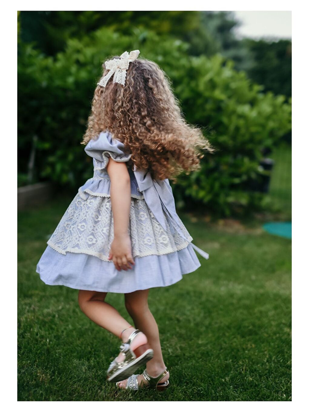 Ekru Mavi Dantel Detaylı Kız Çocuk Elbise, Arkası Fiyonklu Kız Çocuk Elbise, Keten Vintage Elbise-7