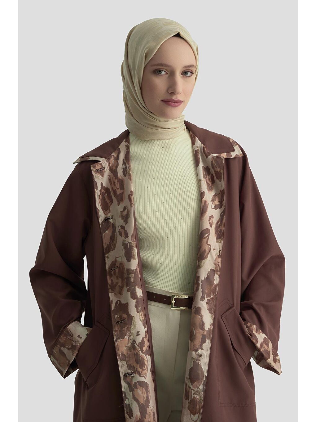 Kahverengi Leopar Desen Garnili Trençkot 25K7901 Acı Kahve