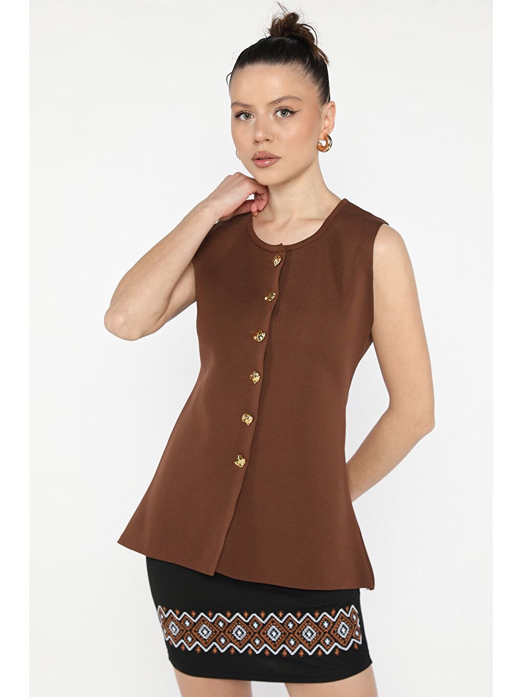 Kahverengi Kadın Bisiklet Yaka Düğmeli Triko Yelek (s-m-l Beden Uyumludur)