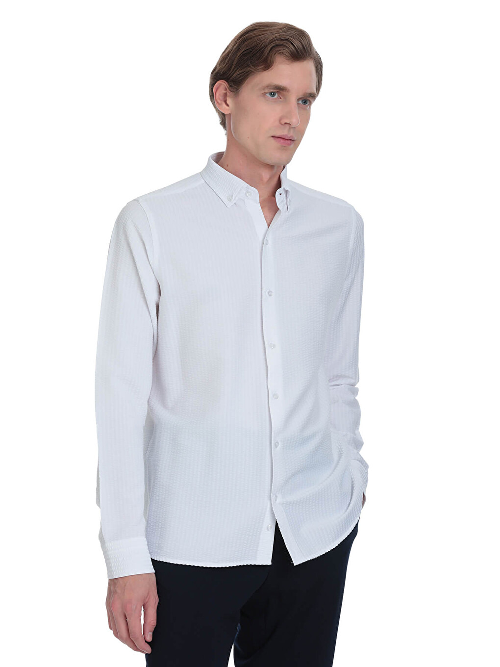 Beyaz Comfort Fit Düğmeli Yaka Uzun Kollu Casual Gömlek-2