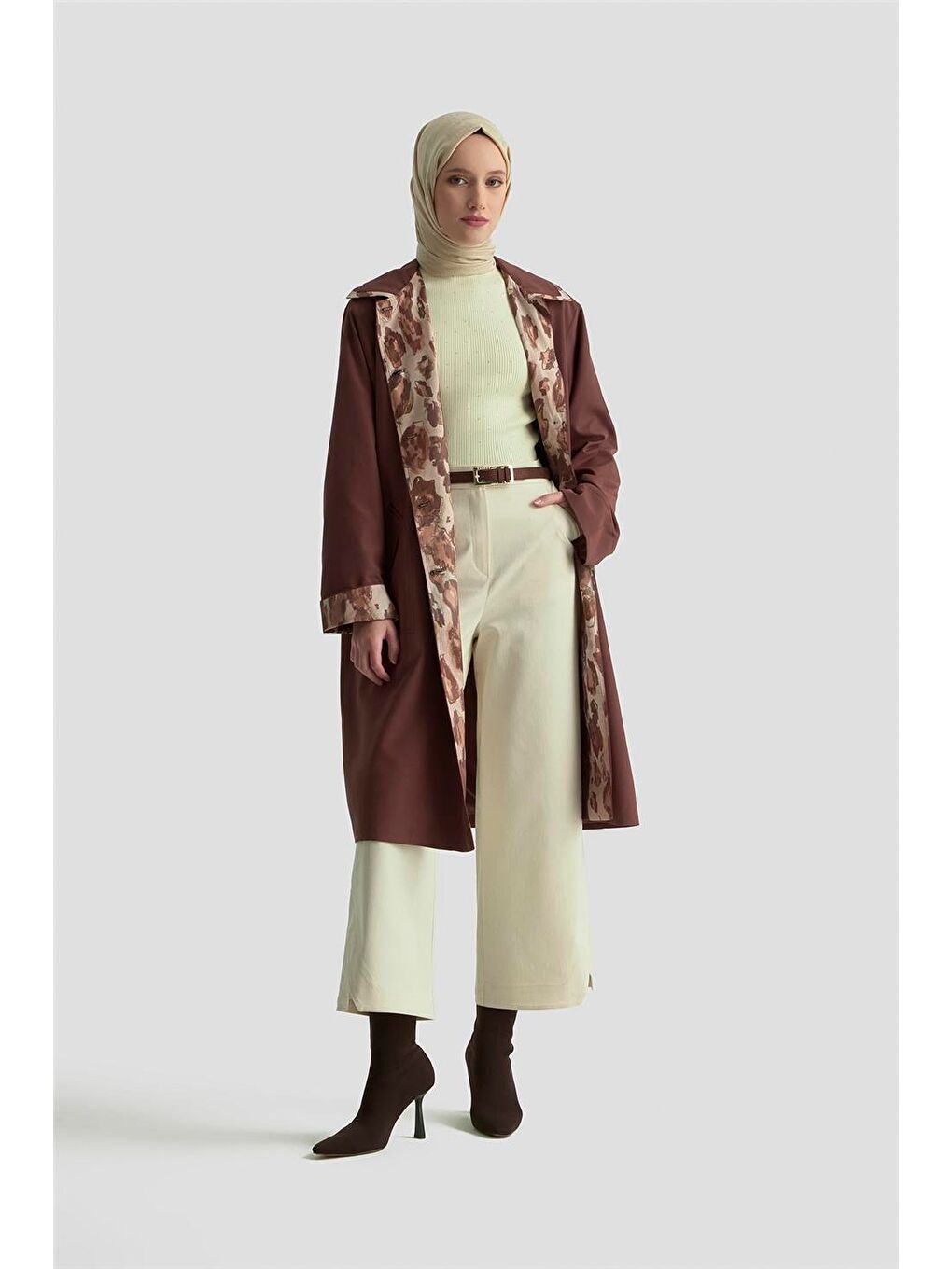 Kahverengi Leopar Desen Garnili Trençkot 25K7901 Acı Kahve-1