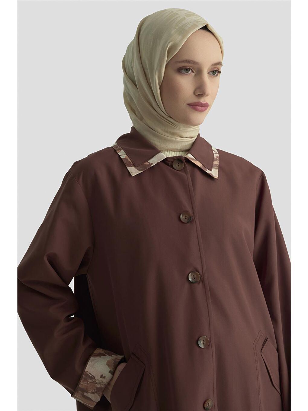 Kahverengi Leopar Desen Garnili Trençkot 25K7901 Acı Kahve-2