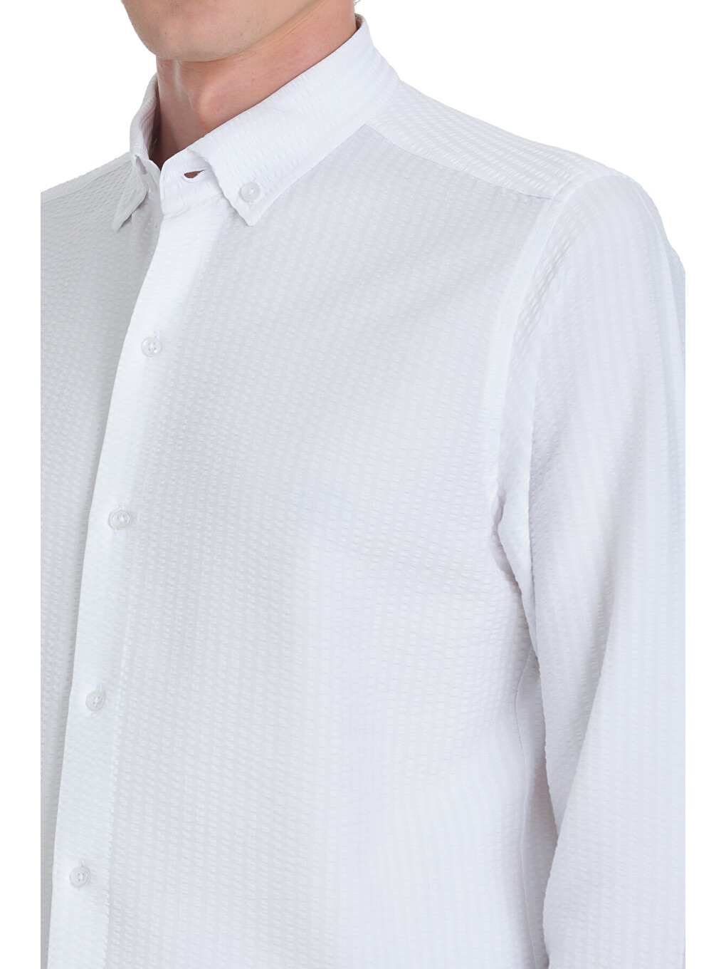 Beyaz Comfort Fit Düğmeli Yaka Uzun Kollu Casual Gömlek-3