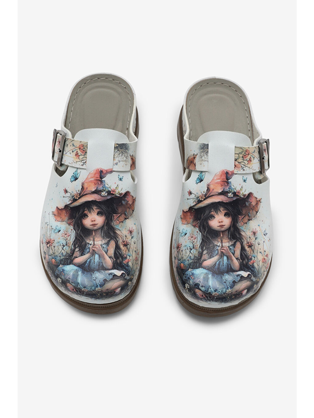 Kadın Beyaz Rahat Kalıp Baskılı Tokalı Terlik