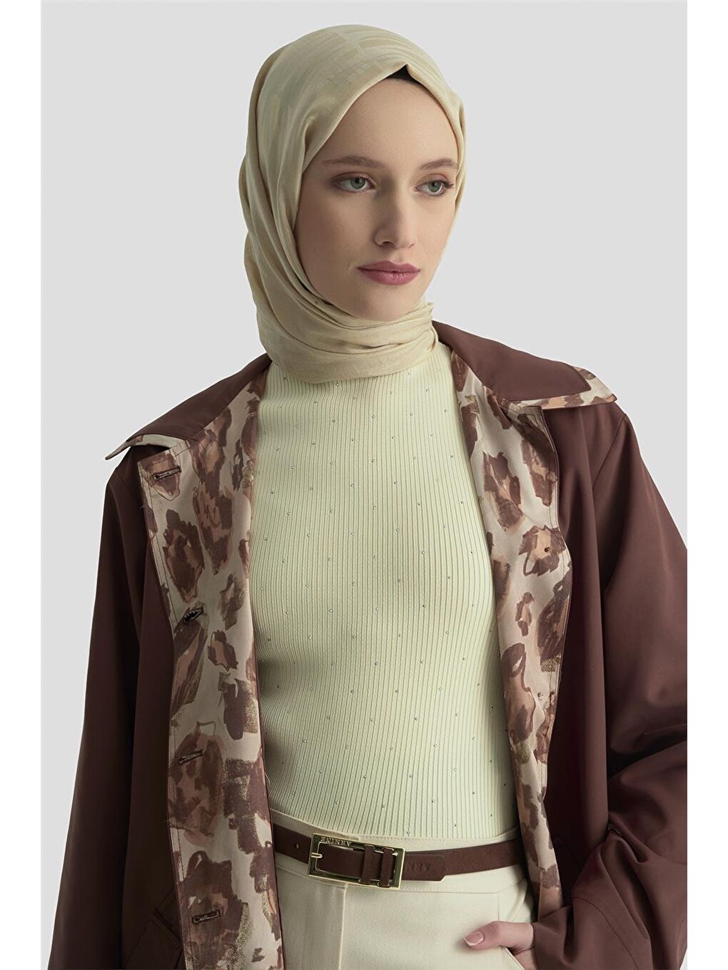 Kahverengi Leopar Desen Garnili Trençkot 25K7901 Acı Kahve-3