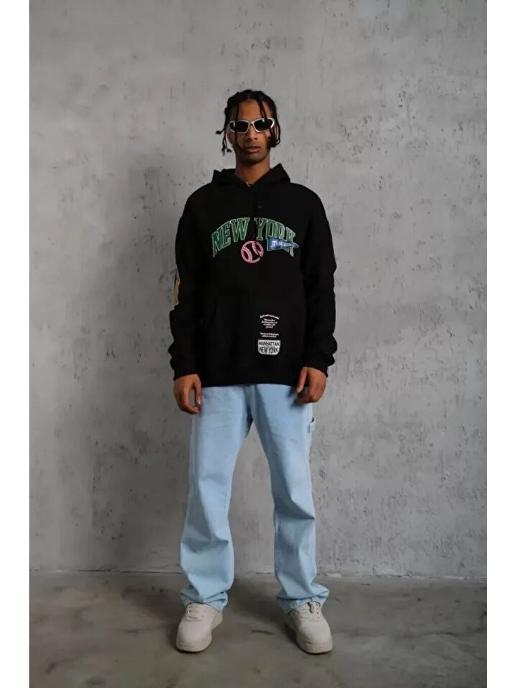 Erkek Baskılı Kapüşonlu Sweatshirt - Siyah-1