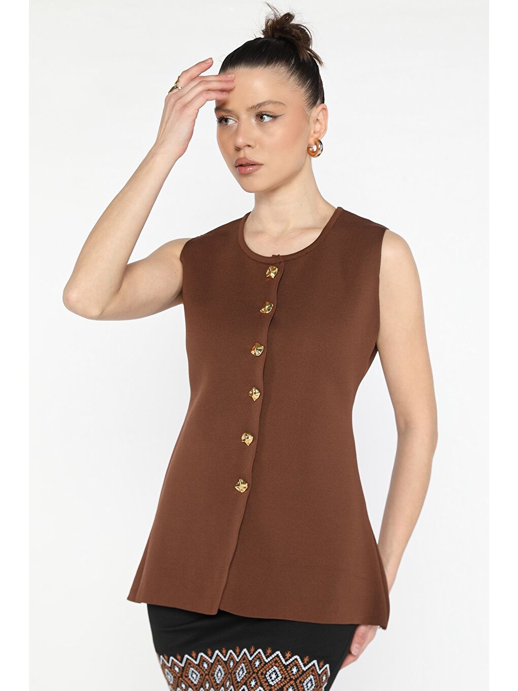 Kahverengi Kadın Bisiklet Yaka Düğmeli Triko Yelek (s-m-l Beden Uyumludur)-1