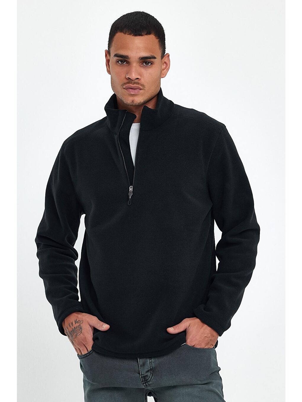 Siyah Erkek Rahat Kalıp Softech Polar Yarım Fermuarlı Sweatshırt spr24pw20-2