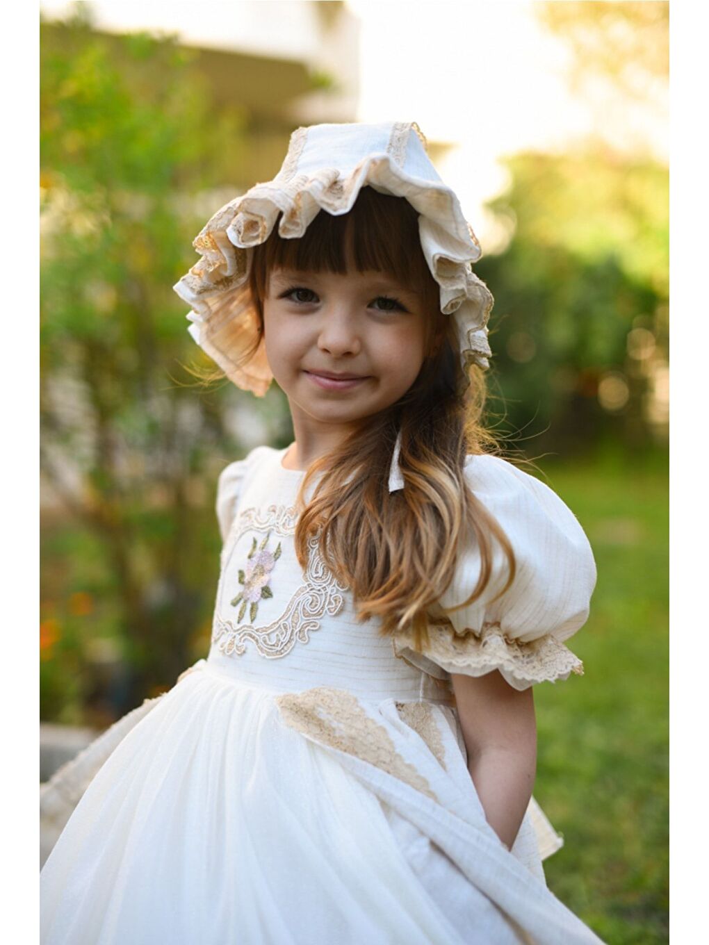 Ekru Pudra Renkli Elbise, Şapkalı Özel Tasarım Vintage Kız Çocuk Elbise, Uzun Kız Çocuk Abiye-1