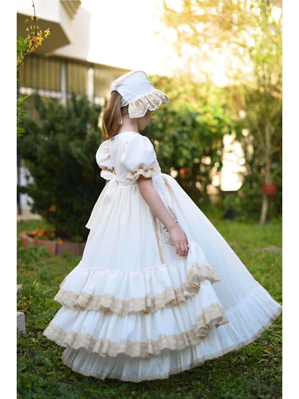 Ekru Pudra Renkli Elbise, Şapkalı Özel Tasarım Vintage Kız Çocuk Elbise, Uzun Kız Çocuk Abiye-2