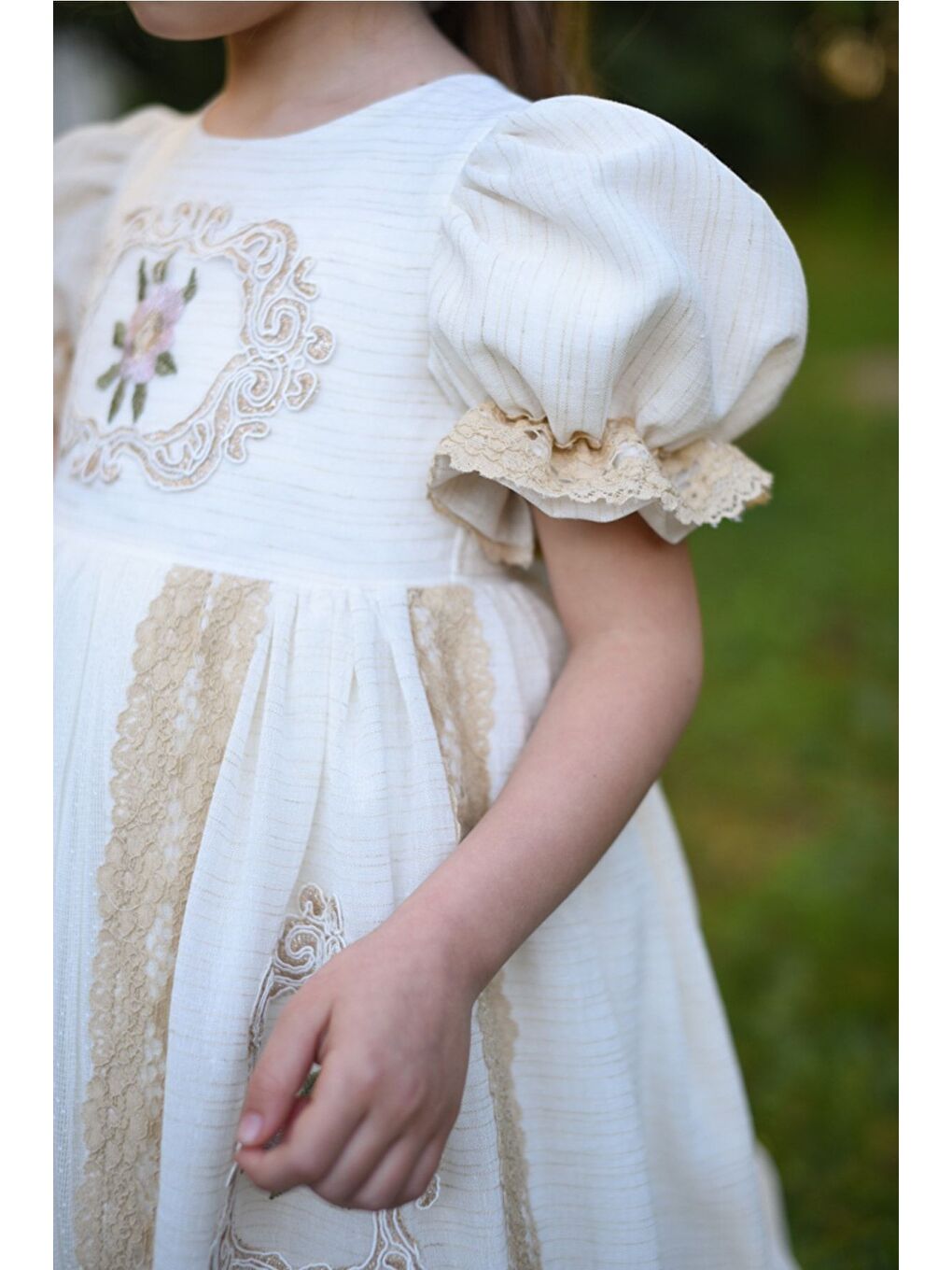 Ekru Pudra Renkli Elbise, Şapkalı Özel Tasarım Vintage Kız Çocuk Elbise, Uzun Kız Çocuk Abiye-3