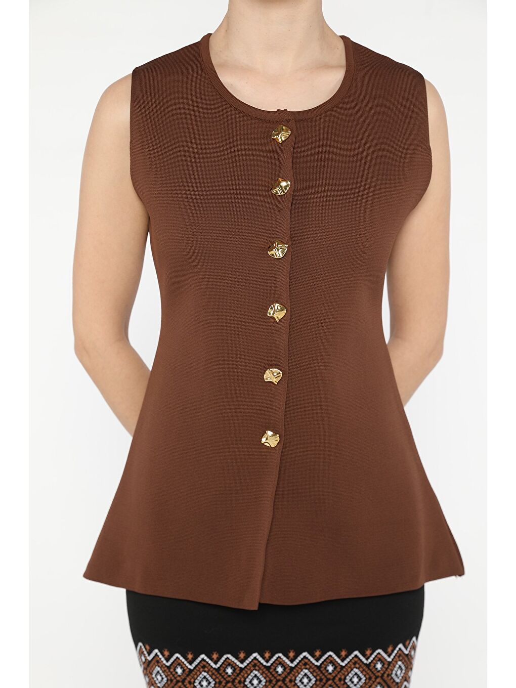 Kahverengi Kadın Bisiklet Yaka Düğmeli Triko Yelek (s-m-l Beden Uyumludur)-3