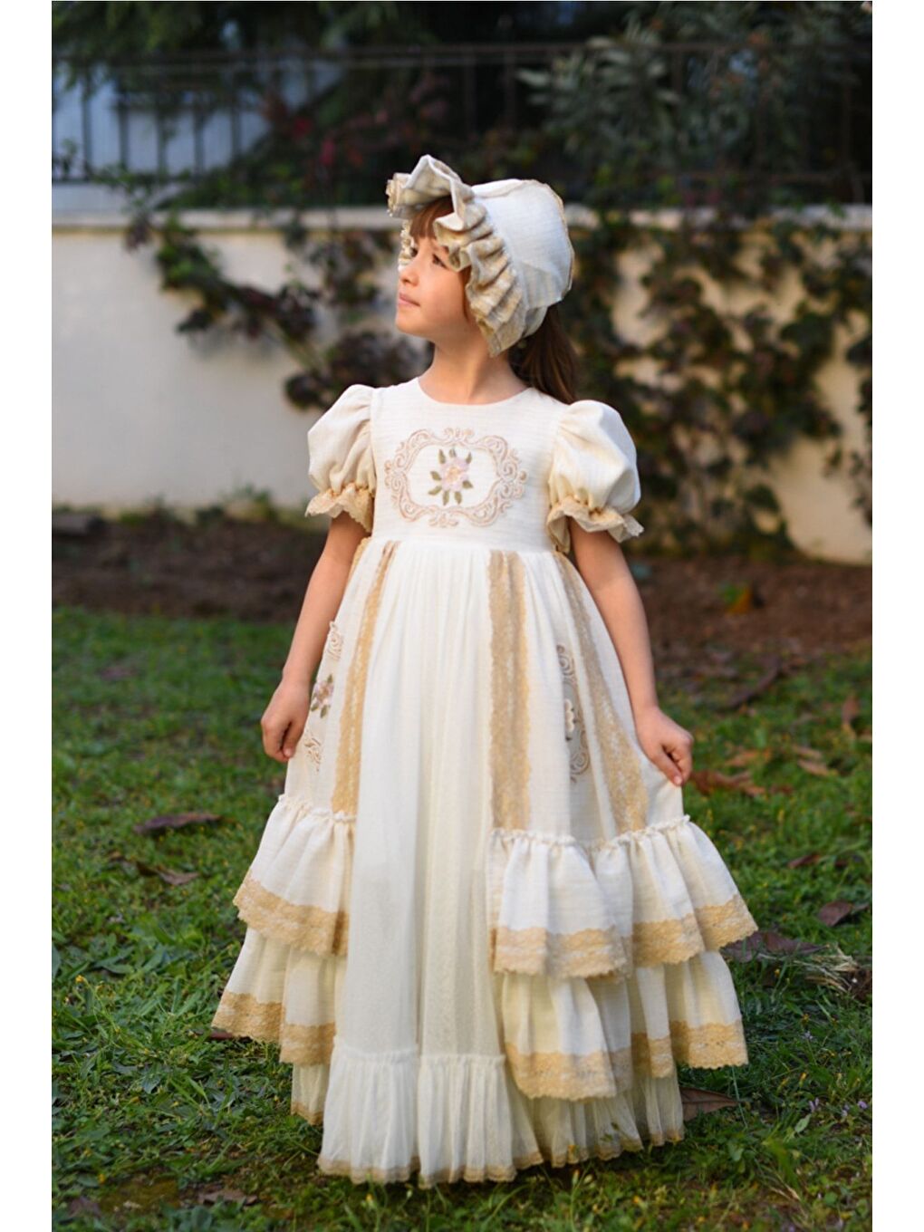 Ekru Pudra Renkli Elbise, Şapkalı Özel Tasarım Vintage Kız Çocuk Elbise, Uzun Kız Çocuk Abiye-5