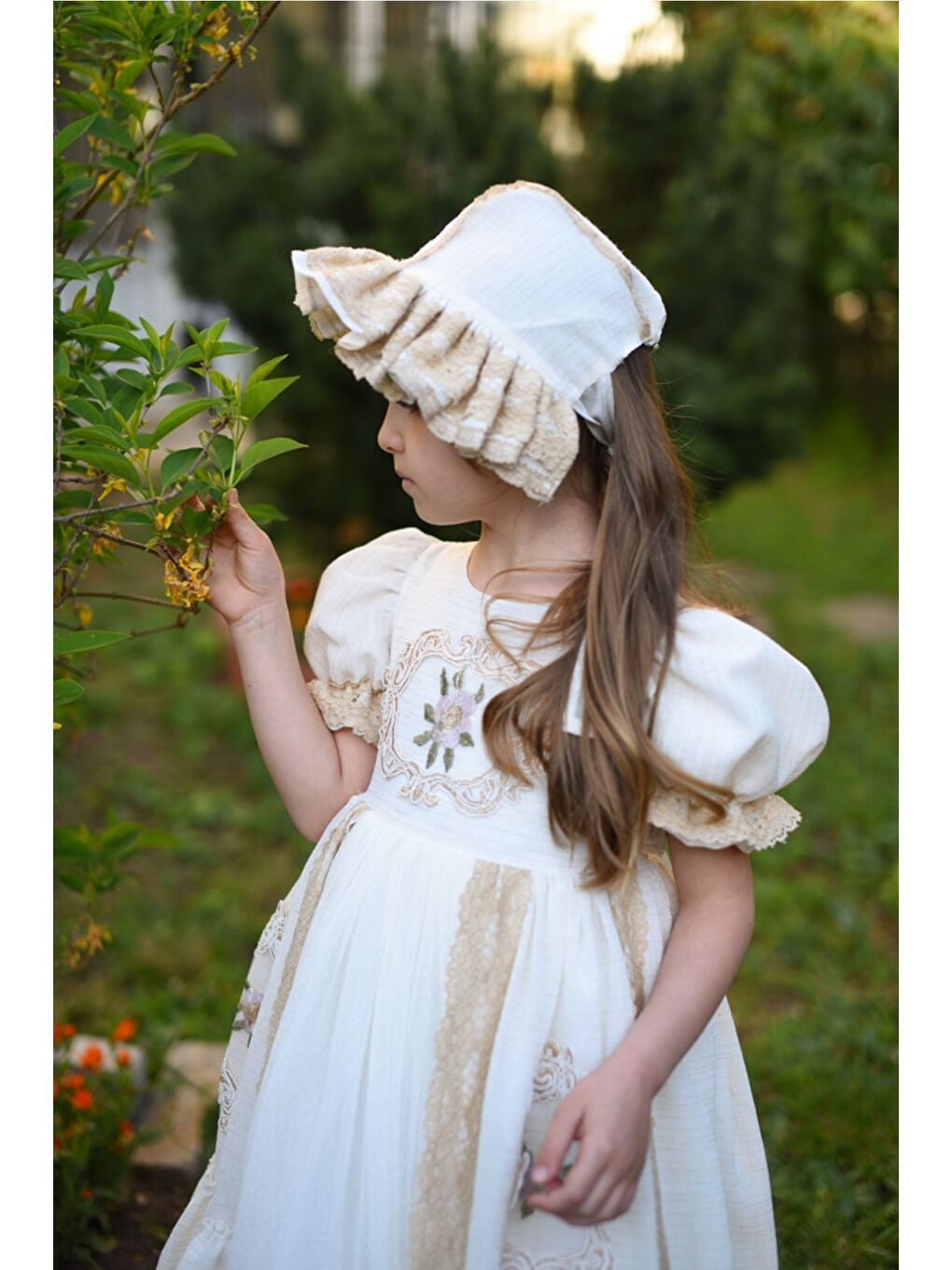 Ekru Pudra Renkli Elbise, Şapkalı Özel Tasarım Vintage Kız Çocuk Elbise, Uzun Kız Çocuk Abiye-6