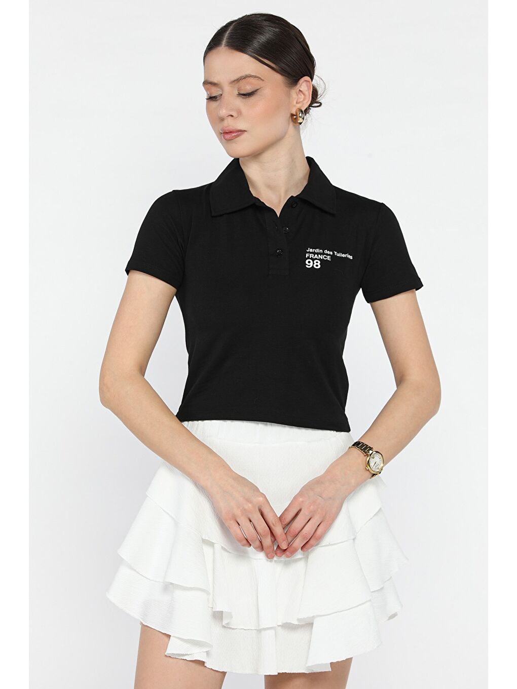 Siyah Polo Yaka Yarım Düğmeli Kadın Tişört-1