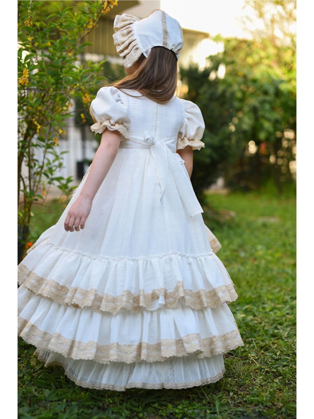Ekru Pudra Renkli Elbise, Şapkalı Özel Tasarım Vintage Kız Çocuk Elbise, Uzun Kız Çocuk Abiye-7