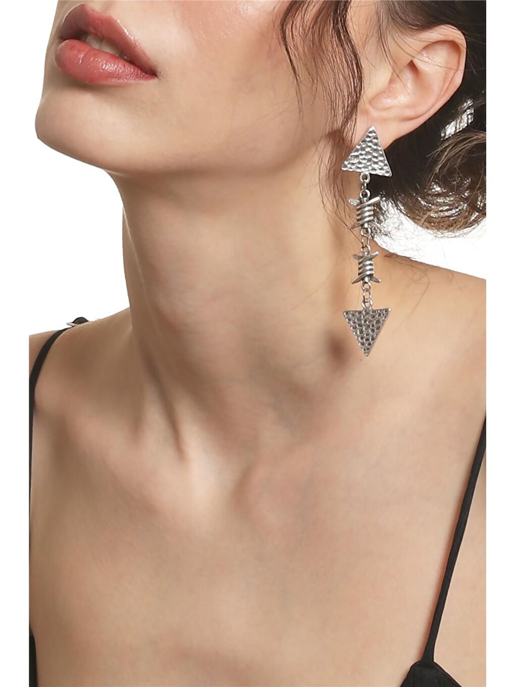 Gri Kadın Antik Gümüş Kaplama Çivili Model Üçgen Parça Bağlantılı Tasarım Küpe-1