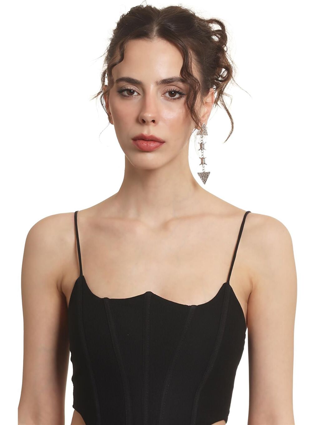 Gri Kadın Antik Gümüş Kaplama Çivili Model Üçgen Parça Bağlantılı Tasarım Küpe-2