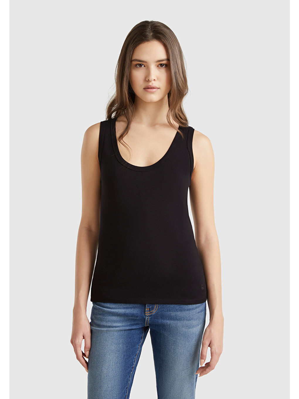 Kadın Siyah %100 Pamuk Ucu Logo İşlemeli Slim Fit Yuvarlak Yaka Atlet