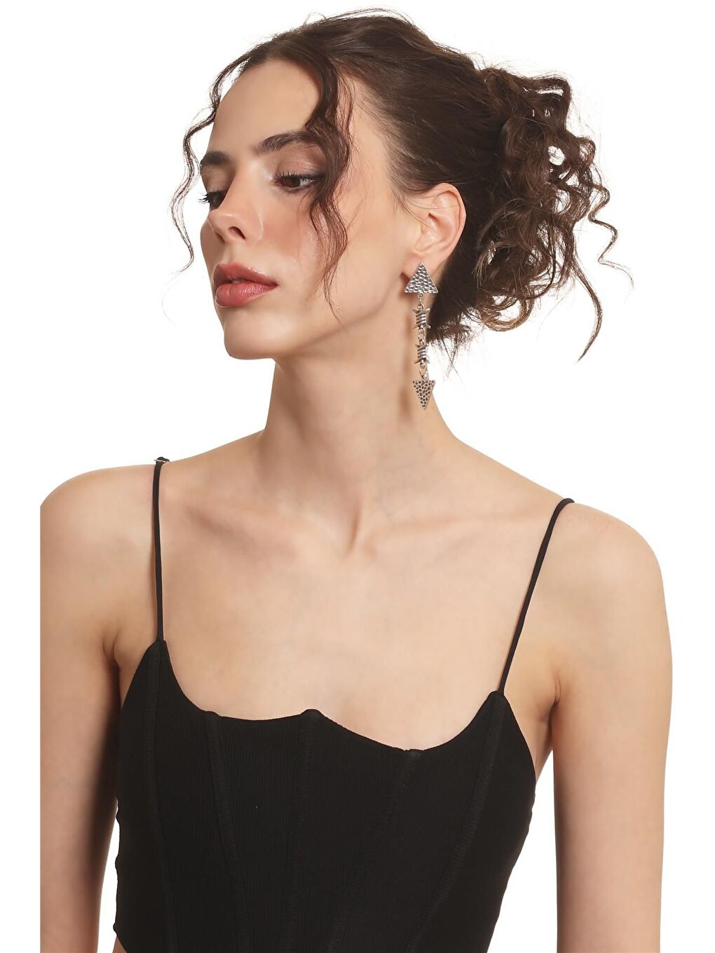 Gri Kadın Antik Gümüş Kaplama Çivili Model Üçgen Parça Bağlantılı Tasarım Küpe-3