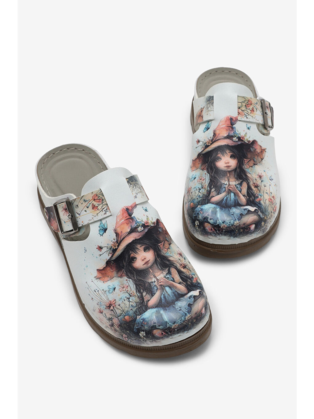 Kadın Beyaz Rahat Kalıp Baskılı Tokalı Terlik-1