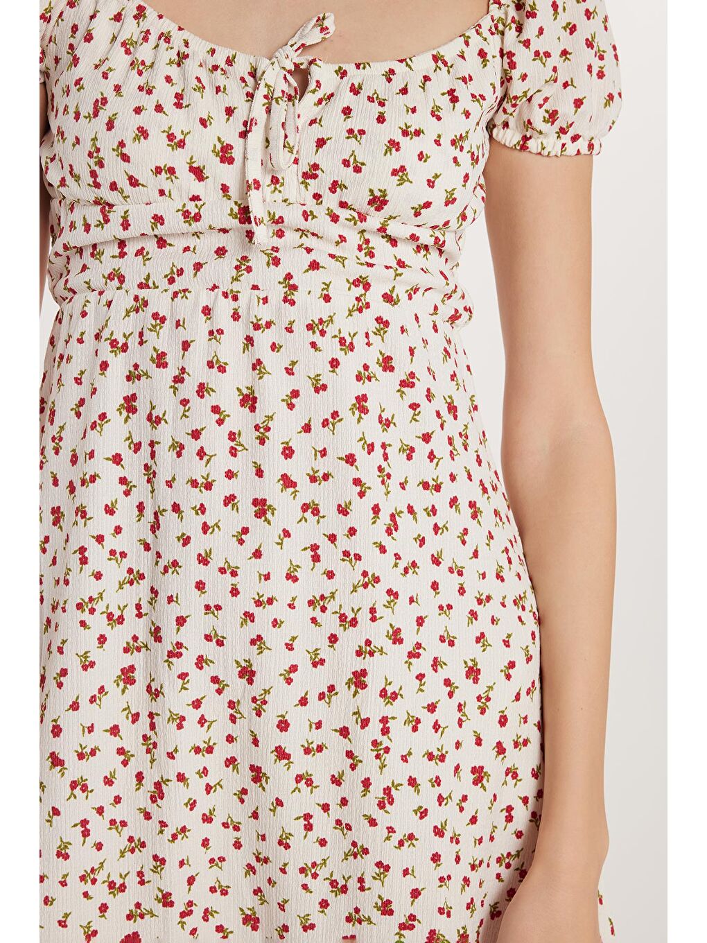 Karışık Kadın Standart Fit Kısa Kollu Bağlama Detaylı Geniş Yaka Baskılı Elbise-2