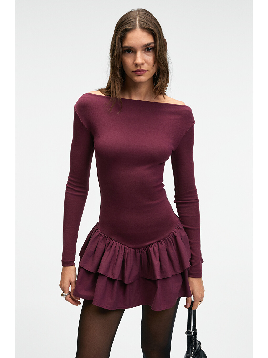 Trusea Kadın Üstü Esnek Eteği Dokuma Kumaşlı Regular Mini Bordo Elbise-4