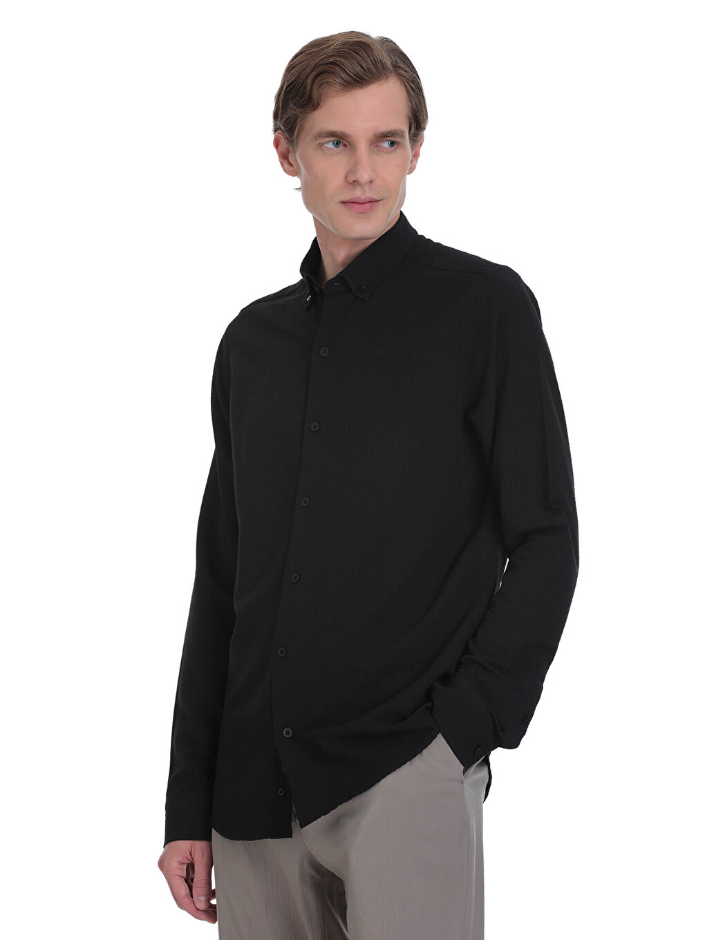 Siyah Comfort Fit Düğmeli Yaka Uzun Kollu Casual Gömlek
