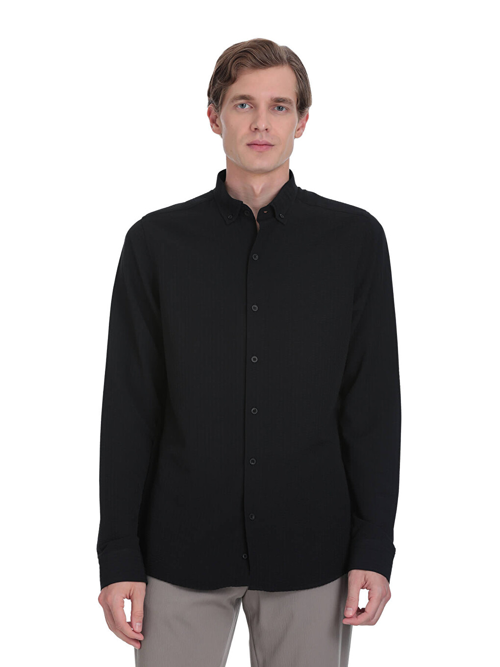 Siyah Comfort Fit Düğmeli Yaka Uzun Kollu Casual Gömlek-2